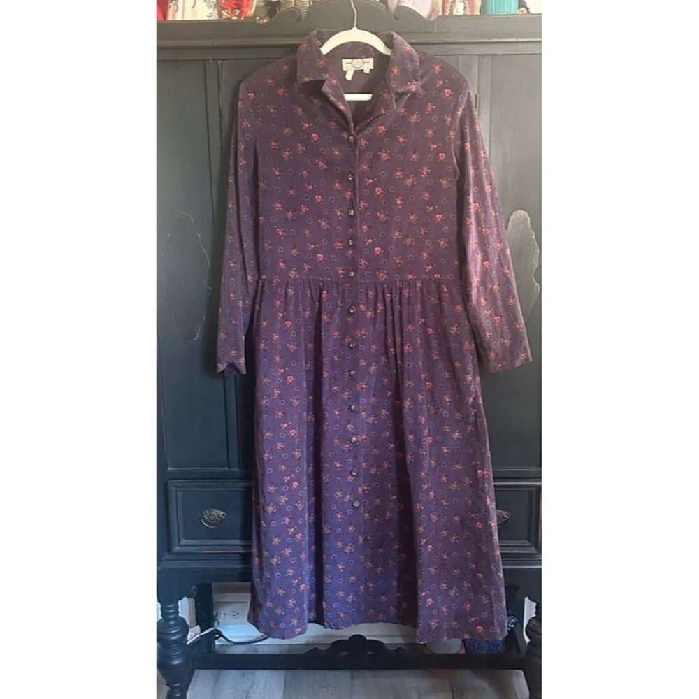 VTG J. Jill Ltd Purple Corduroy Floral Dress Midi Button Front Cottagecore Small